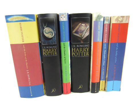 J K Rowling. Seven Harry Pottery Books, comprising Deathly Hallows, hardback with dustcover, first edition, Order of the Phoe