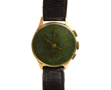 An 18ct gold metric gentleman's wristwatch, with a green numeric chronograph type dial, stamped 750 and K18, 3.5cm diameter, 