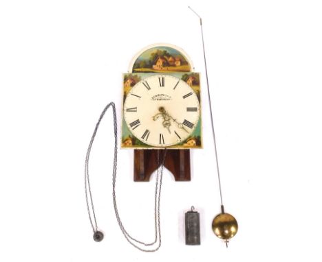 A Rimmington of Lubbenham wall clock, the painted Roman numeric dial depicting cottages, 30 hour movement, on an oak wall bra