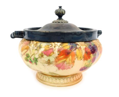 A Royal Worcester blush porcelain biscuit barrel, c1900, with a plated lid, mount and swing handle, of lobed form, shape no 1