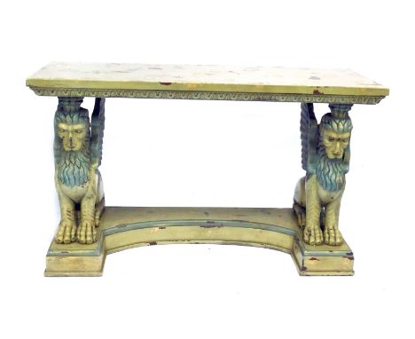 A 20thC Continental painted console table, possibly Venetian, the rectangular top, raised on winged lion supports and an inve