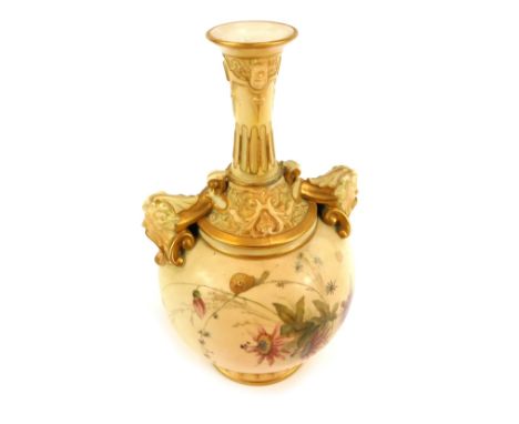 A Royal Worcester blush porcelain vase, c1892, of twin mask head handled baluster form, shaped no 1152, painted with Convolvu