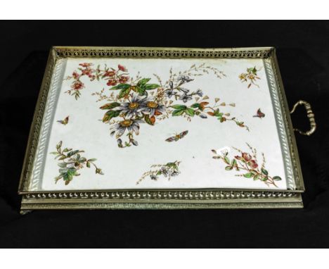 A white metal galleried tray with painted enamel panel