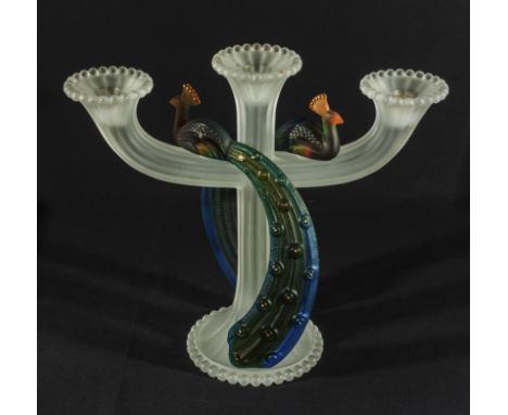 A French Royale-de-Champagne Pate-de-Verre double peacock candlestick signed to base