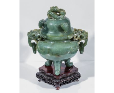 A green Jade censer with lid on stand. Total height 19cm.