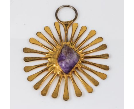 A gilt meta with amethyst pebble pendant, stamped J Hull B+D Denmark