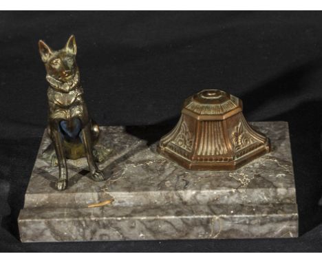 An Art Deco dog inkwell on a marble base