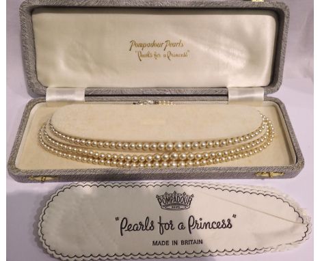 Cased Pompadour triple row pearl necklace. P&amp;P Group 1 (£14+VAT for the first lot and £1+VAT for subsequent lots) 