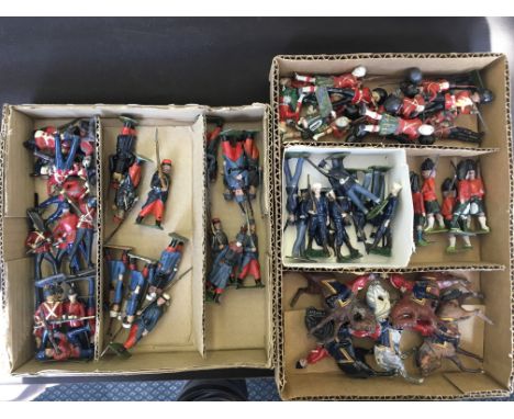 Two boxes of various lead soldiers to include 7 Britain’s Infanteriebdi Linge with light blue coats.