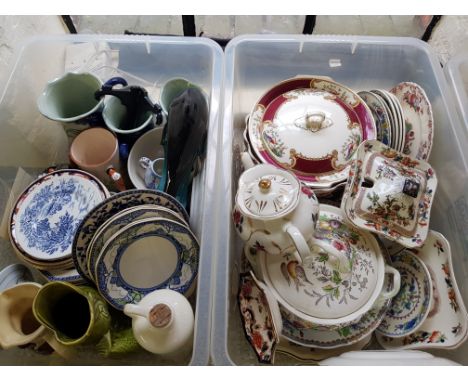 Three boxes containing Royal Doulton, Masons, Poole, Toby jugs, dinner ware etc.
