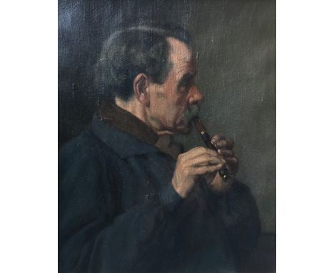 Gilt framed, unglazed oil on canvas depicting portrait of a gentleman playing flute, label verso titled 'Charles H. H. Burlei