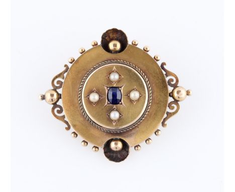 A sapphire and pearl memorial brooch, the circular design featuring a central oval cut sapphire surrounded by four split pear