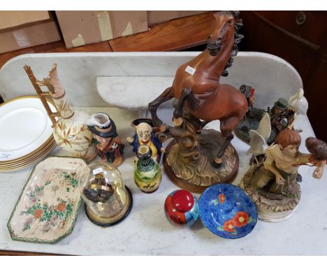 Six Royal Worcester plates, pool pottery jar and lid, mantle clock, toby jugs, figures, horse silver top vase etc.