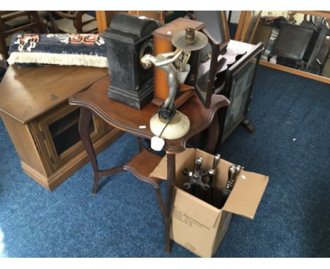 a slate cased mantle clock together with one other clock, deco style table lamp and metal companion set.