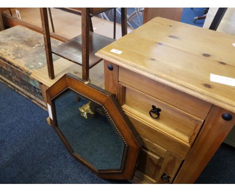 A pine tool chest, pine storage unit, oak sewing table and a wall mirror and glazed display cabinet.