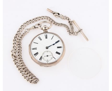 A silver pocket watch, the white enamel dial having hourly Roman numeral markers with minute track border and subsidiary dial