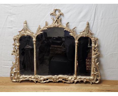 Overmantel mirror, Gilt metal Chinese Chippendale style with triple plates. H.71 W.84cm. 