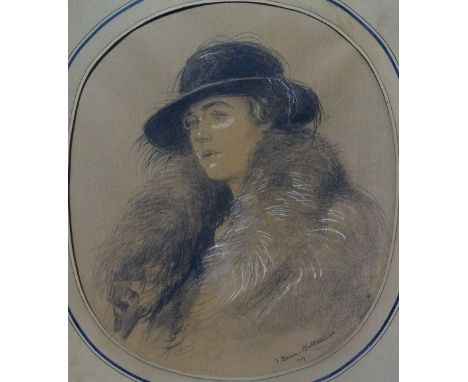JEAN JACQUES BERNE-BELLECOUR (1874-1939) Portrait of a Fashionable Lady Heightened charcoal Signed 31 x 27cm (oval)