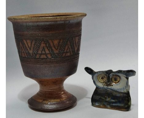 MARY RICH (b.1940) A stoneware goblet (AF) Height 14.5cm Together with a ceramic owl Height 6cm