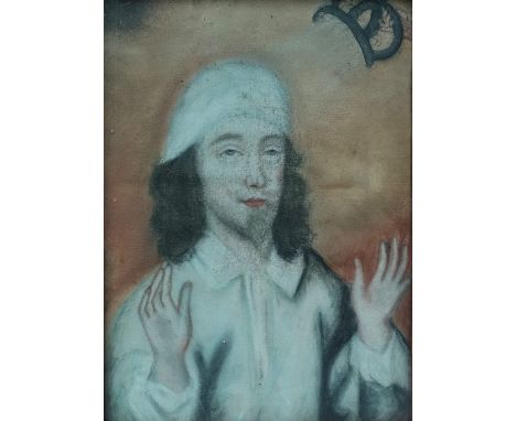 19th Century Naive School King Charles Losing His Crown Colour pastel portrait  24 x 17cm