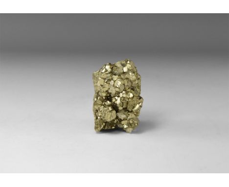 A group of fine pyrite crystals in white card tray with label reading: 'PYRITE, Huanaco, Peru'. 434 grams, 72mm (2 3/4"). Fro