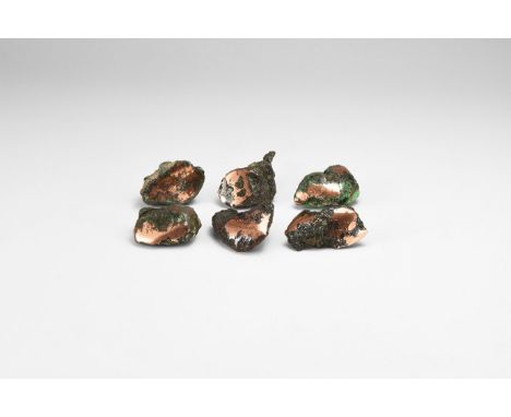 A group of six nuggets of native copper, one side polished, in white card tray with label reading: 'NATIVE COPPER, Caledonia 