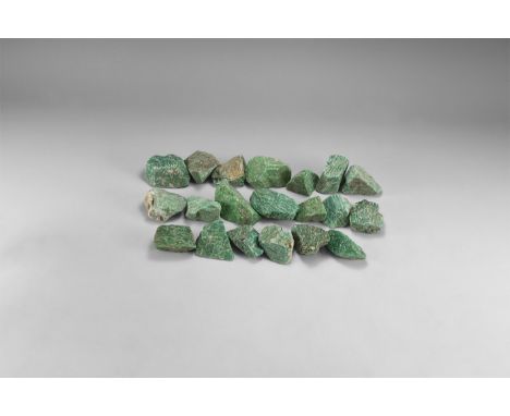 A group of twenty large green and white amazonite specimens. 1.11 kg total, 39-61mm (1 1/2 - 2 1/2"). From the historic ‘Vict