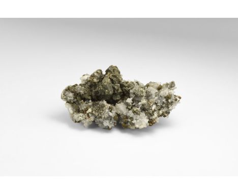 A specimen of chalcopyrite, quartz, and calcite from the Tri-state area of the USA, with large chalcopyrite crystals, small q