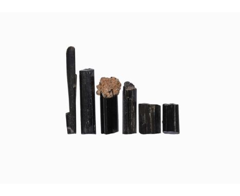 A group of six black tourmaline specimens, in white card tray with label reading:'TOURMALINE, Minas Gerais, Brazil'. 37 grams