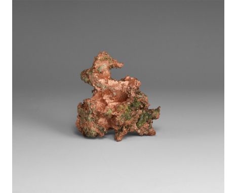 A large fine specimen of crystalline native copper, in white card tray with label reading: 'NATIVE COPPER, Keweenaw Country, 