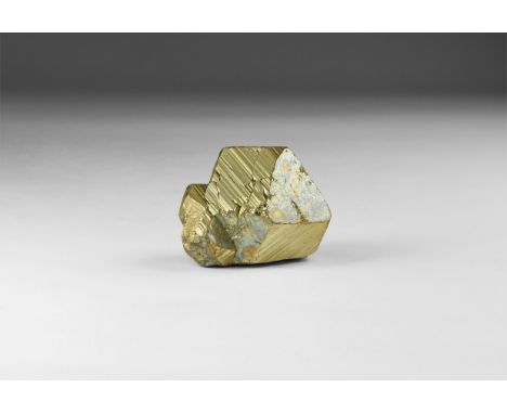 A fine specimen of a polygonal pyrite in white card tray with label reading: 'PYRITE, Huanuco, Peru'. 46 grams, 33mm (1 1/4")