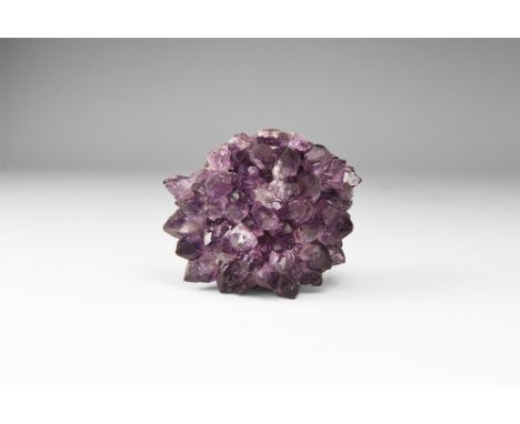 A fine, knob-shaped 'porcupine' of amethyst crystals in white card tray and card reading: 'AMETHYST 'PORCUPINE, Rio Grande do