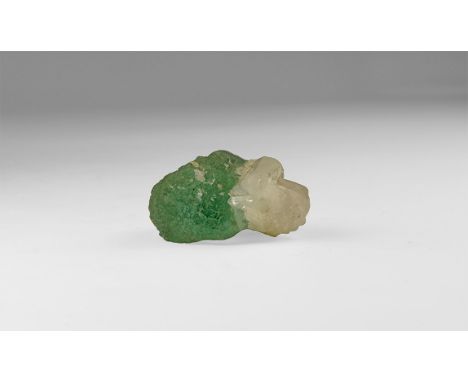 A fine specimen of pale green fluorite with white quartz, in white card tray with label reading: 'GREEN FLUORITE with quartz,