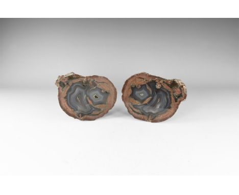 A pair of cut and polished geode pair with bands of blue and grey agate enclosed by dark brown border. 1.64 kg total, 13cm (5