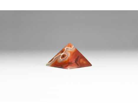 A very fine cut and polished red and brown banded agate pyramid, colour enhanced. 34 grams, 37mm (1 1/2"). From the historic 
