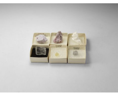 A group of six mineral specimens comprising of fluorite, muscovite, rubellite, optical calcite and calcite; each in old white