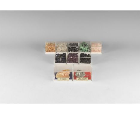 A mixed group of ten plastic display boxes with mineral specimens, including pyrite, orange calcite, amazonite, rose quartz, 