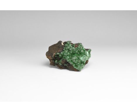 A fine specimen of a dark green crystalline malachite on a matrix, in white card tray with label reading: 'MALACHITE, D.R.Con