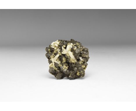 A fine group of well-crystallised cassiterite crystals with lustrous faces, from Bolivia, in old white card tray with old Gre
