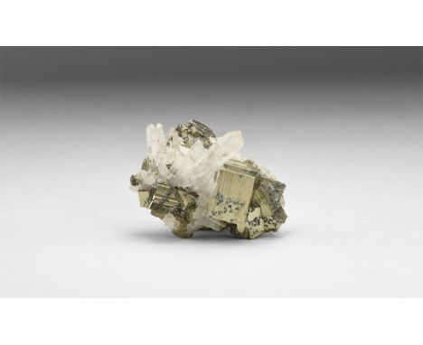 A fine specimen of pyrite with quartz crystals in old white card tray with label reading: 'QUARTZ with PYRITE, Alimon Mine, H
