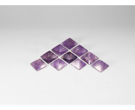 A group of ten finely cut purple amethyst pyramids. 171 grams total, 24-29mm (1"). From the historic ‘Victorian Museum’ and l