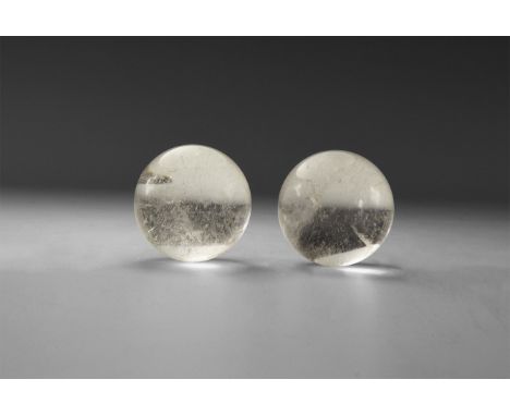 A pair of quartz crystal spheres of a clear colour and with rainbow reflections. 150 grams total, 37mm (1 1/2"). From the his