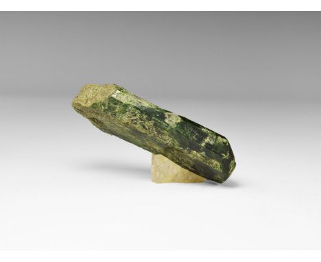 A well-crystallized and terminated prismatic epidote crystal with attached quartz, in old white card tray. See Bonewitz, Dr. 