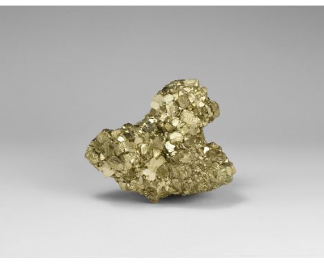 A fine and large pyrite specimen with small white quartz crystals, in white card tray with label reading: 'PYRITE with QUARTZ