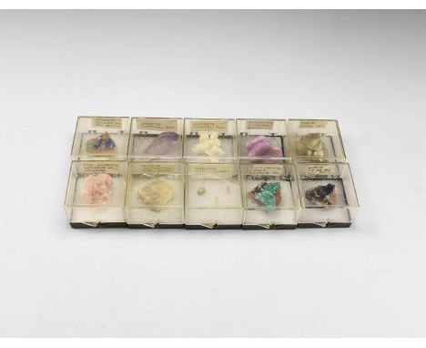 A group of ten mineral specimens from Mexico and Arkansas in plastic boxes with old labels comprising of: aurichalcite, smith
