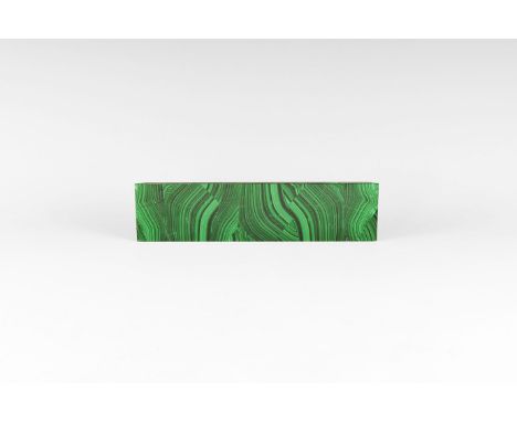 A composite polished rectangular slice of malachite with dark and pale green bands. 161 grams, 50 x 203mm (2 x 8"). From the 