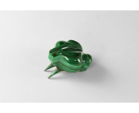 A finely carved frog from dark green malachite, with a pair of conical legs glued to the underside. 97 grams, 52mm (2"). From