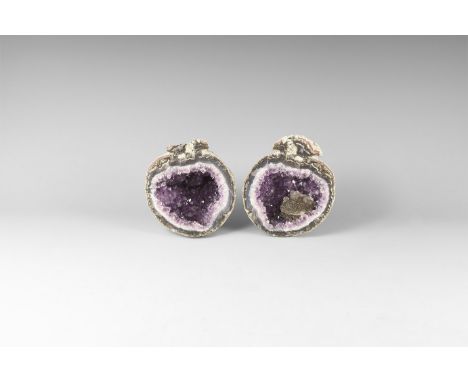 A split geode pair with band of blue agate and purple amethyst crystals to the centre. 1.06 kg total, 10cm (4"). From the his