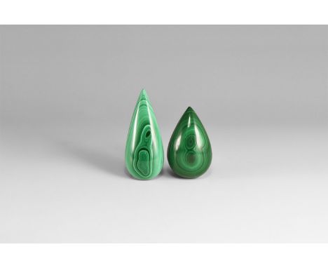A pair of finely polished tear-shaped malachite with flat cut one side, bands of dark and pale green. 103 grams total, 55-70m