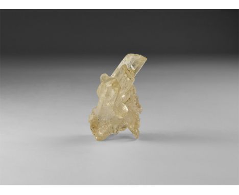 A fine quartz crystal cluster, in white card box with label reading: 'QUARTZ, Minas Gerais, Brazil'. 18 grams, 42mm (1 1/2").